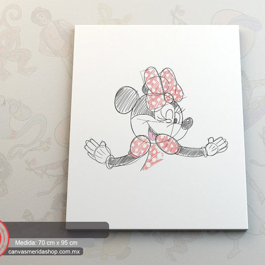 Personaje animado femenino con lazo grande, ilustración en estilo de boceto con acentos rosados