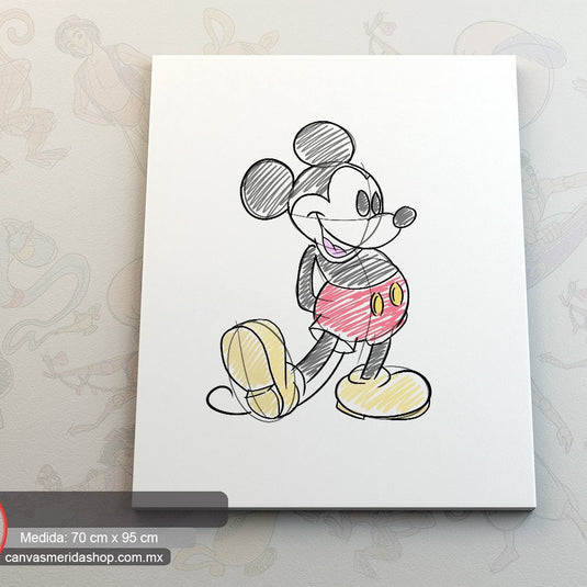 Personaje animado icónico caminando, dibujo estilo boceto con toques de color amarillo y rojo