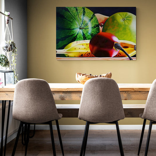 Pintura hiperrealista de limón, plátano, pomelo y manzana