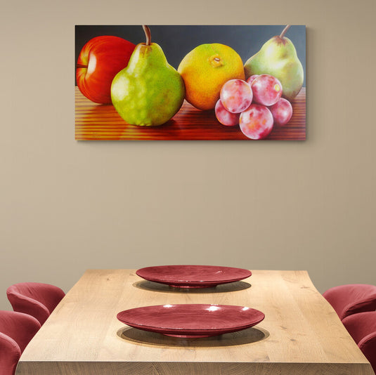Pintura hiperrealista de naturaleza muerta con frutas