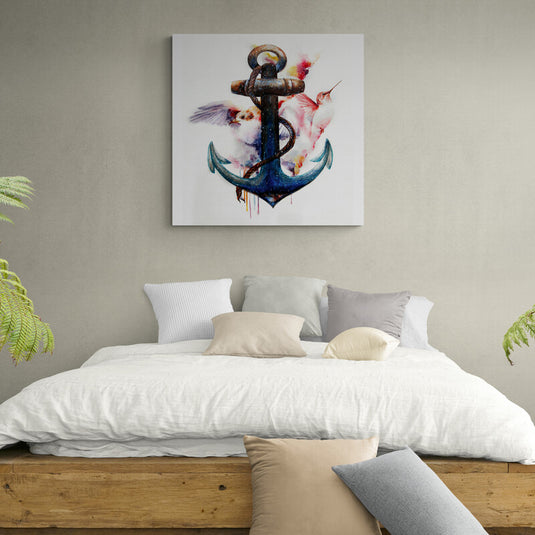 Cuadro decorativo con ancla azul y café sobre fondo blanco, flanqueada por colibríes acuarela en tonos rojo, rosa y morado