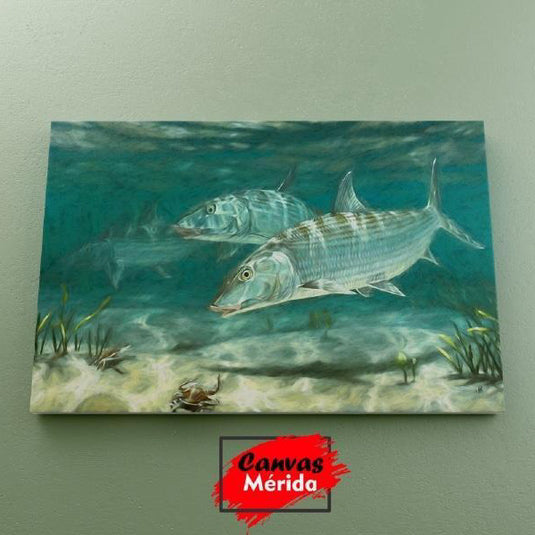 Pintura realista de dos peces bonitos nadando en el fondo del mar