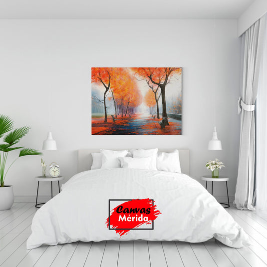 "Cuadro decorativo de camino otoñal flanqueado por árboles con hojas rojas y naranjas y suelo cubierto de hojas caídas"