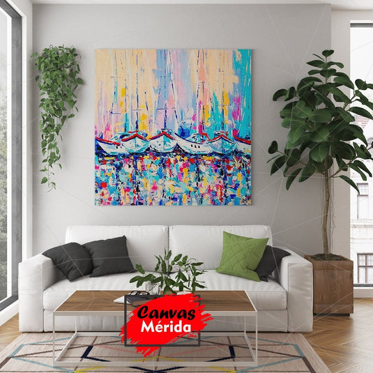 Pintura abstracta de barcos con velas coloridas