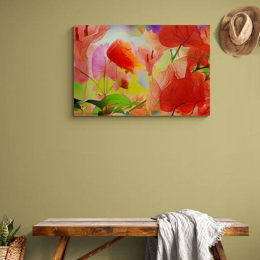 Pintura abstracta de amapolas en tonos rojos y naranjas