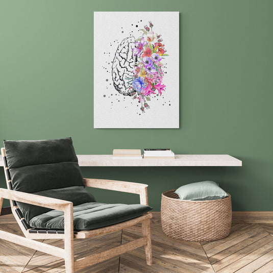 Ilustración conceptual de un cerebro con textura craquelada fusionado con flores vibrantes y salpicaduras de tinta.