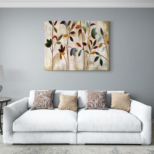 Pintura al óleo minimalista de hojas otoñales en una paleta de colores cálidos y fríos sobre fondo neutro.