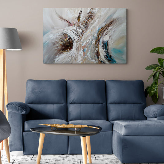 Pintura abstracta con remolinos dinámicos en tonos neutros