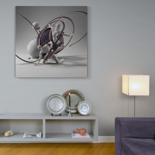 Figuras humanoides abstractas danzando entre esferas y líneas en arte digita