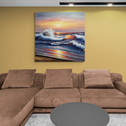 Pintura al óleo de olas al atardecer con colores vibrantes
