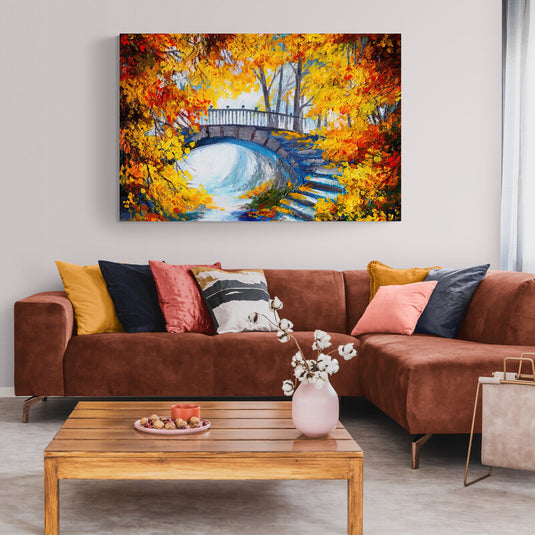 Cuadro_decorativo_bosque_oleo_colores_calidos_otoñales_troncos_altos_hojas_amarillas_naranjas_rojas_verdes