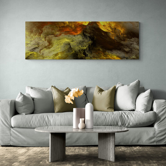 Cuadro abstracto en tonos ámbar y amarillo con textura dramática.