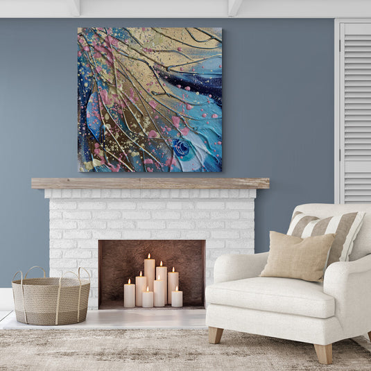 Cuadro abstracto moderno con texturas y colores azul, rosa y dorado