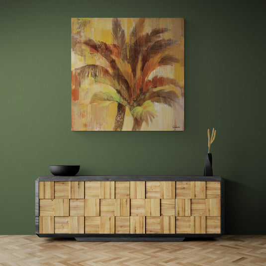 Cuadro tropical de palmera en tonos marrones y ocres, arte contemporáneo con pinceladas expresivas, ideal para decoración natural y cálida.