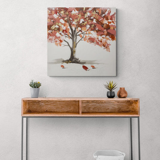 Arte minimalista de acuarela con árbol colorido en fondo blanco: Hojas de tonos rojo, café y amarillo destacando en espacio negativo