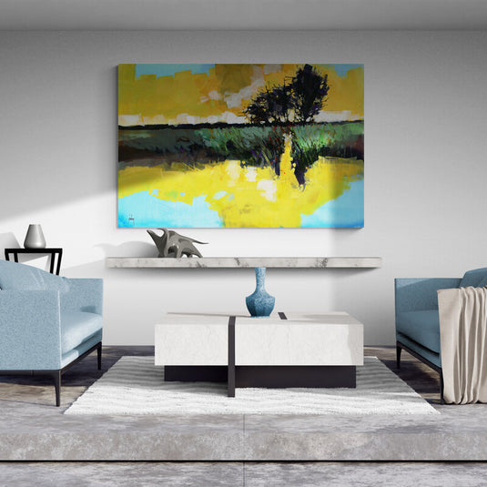 Cuadro Decorativo de Camino Verde y Árbol Majestuoso con Fondo Amarillo y Turquesa