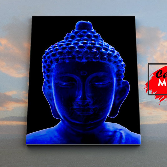 Cuadro minimalista de Buda iluminado en azul eléctrico sobre fondo negro.