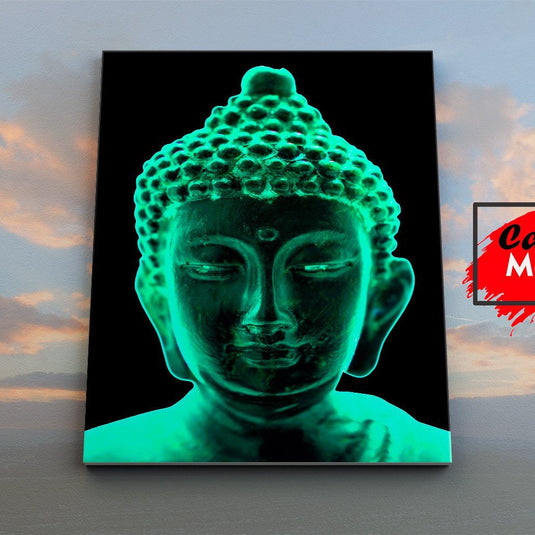 Rostro de Buda con iluminación verde neón en fondo oscuro