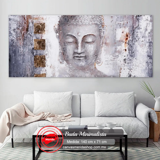 Rostro de Buda en relieve con fondo abstracto y tonos dorados.