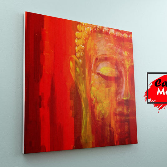 Pintura de rostro parcial de Buda en tonos cálidos con fondo rojo vibrante y detalles expresivos.