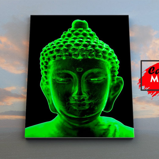 Rostro de Buda iluminado en verde neón sobre fondo oscuro