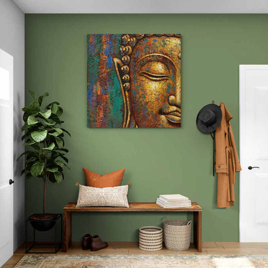 Detalle texturizado de Buda en tonos tierra y bronce