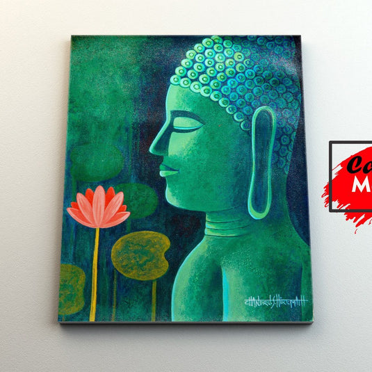 Pintura de perfil de Buda verde con loto rojo en entorno sereno