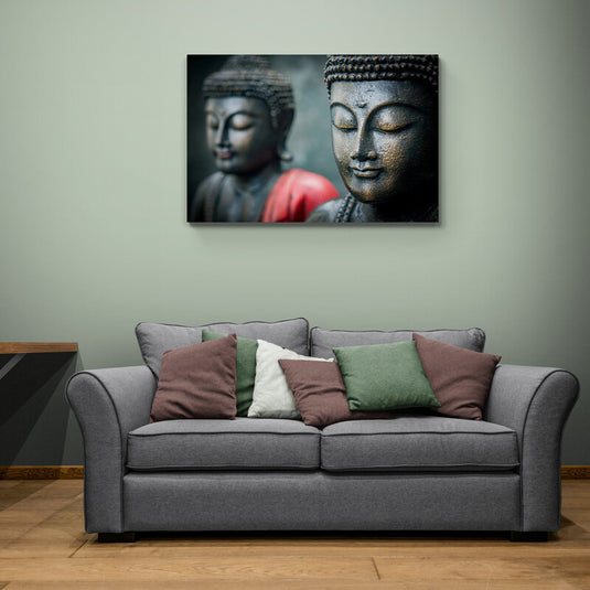 Primer plano de estatuas de Buda con acabado dorado y fondo desenfocado, simbolizando paz y espiritualidad