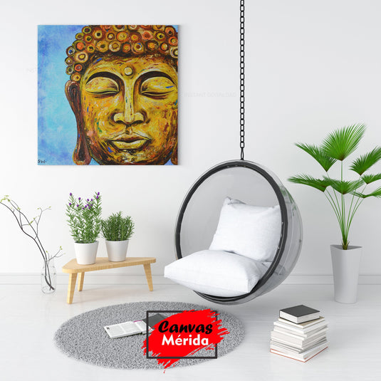 Pintura expresionista de un rostro de Buda en tonos dorados y naranjas con fondo azul vibrante.