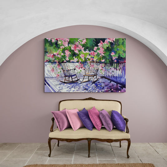 Pintura acuarela de porche con sillas mecedoras y bugambilias.