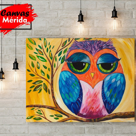 Cuadro decorativo: Búho circular en tonos azules y naturaleza en fondo amarillo