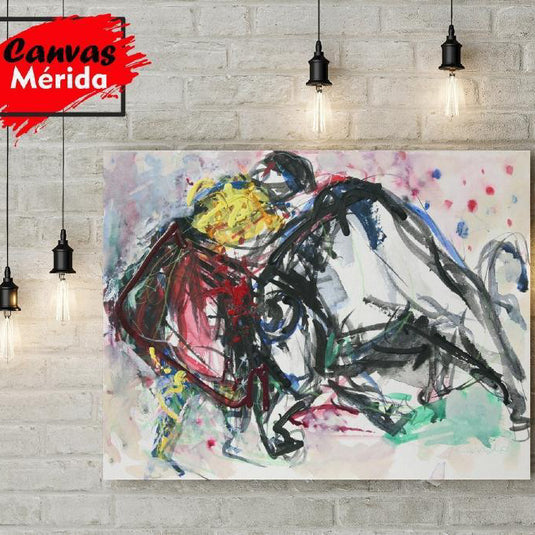 Cuadro expresionista de una escena de tauromaquia con torero y toro, trazos dinámicos y colores intensos. Ideal para decoración artística con carácter.