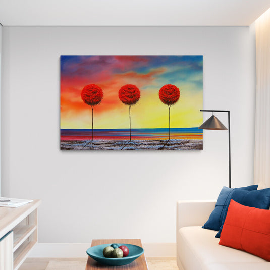 Cuadro Decorativo: Suelo Fusión de Colores en Azul, Rojo y Gris, Árboles con Hojas Redondas Rojas y Cielo en Tonos Amarillos, Rojos y Azules