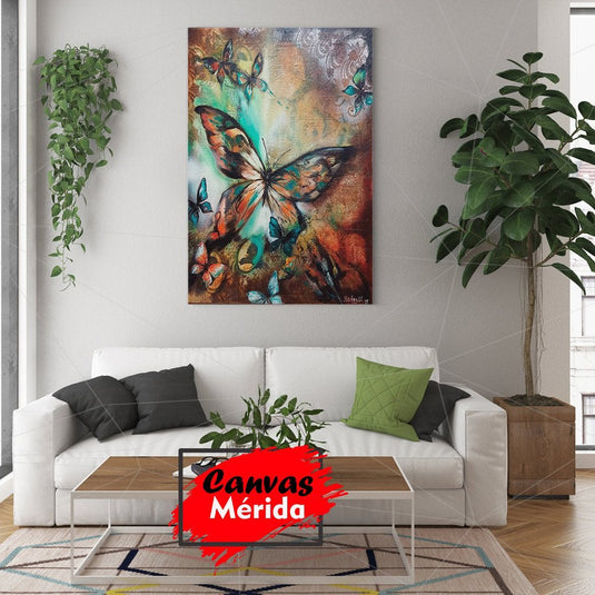 Cuadro de mariposas en vuelo sobre fondo vibrante