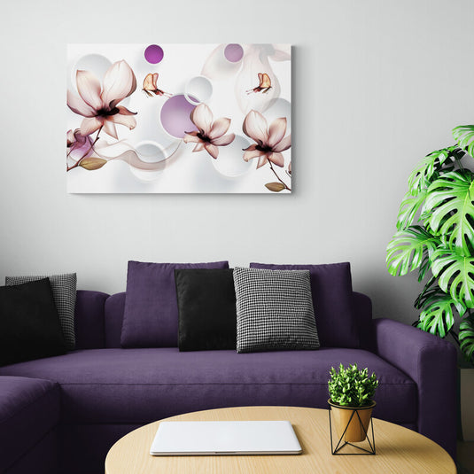 Cuadro Decorativo: Flores Rosas en Fondo Blanco con Elementos en Color Oscuro, Morado y Gris