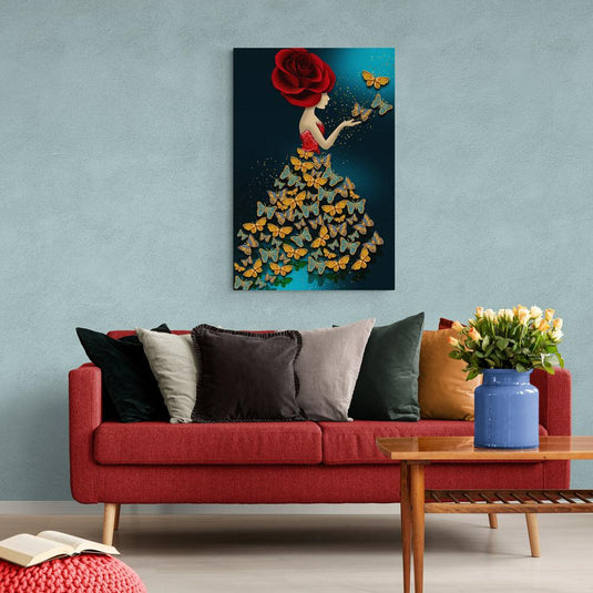 Ilustración de Mujer con Vestido de Mariposas Doradas y Rosa Roja en la Cabeza sobre Fondo Oscuro