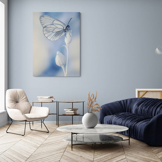 Mariposa posada en un capullo con fondo azul y blanco.