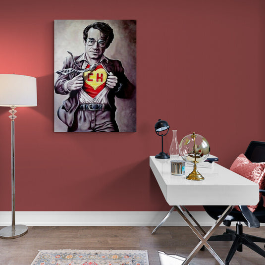 Obra de arte de Chespirito revelando el logo de El Chapulín Colorado en su pecho