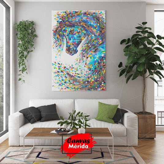 Pintura Colorida de Caballo en Estilo Puntillista con Detalles Impresionistas sobre Lienzo