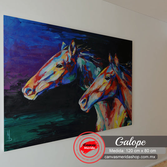 Cuadro expresionista de caballos galopando en colores vibrantes
