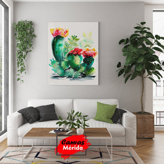 Pintura en Acuarela de Colección de Cactus con Flores Coloridas sobre Fondo Texturizado
