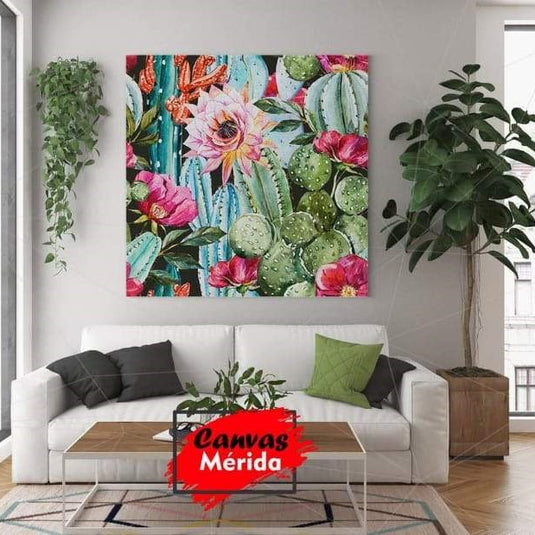 Pintura detallada de cactus y flores vibrantes en un jardín desértico.