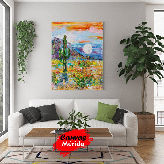 Pintura al Óleo de Paisaje Desértico con Cactus, Flores Silvestres y Luna Llena al Atardecer