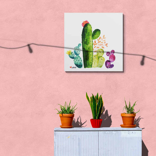 Acuarela colorida de cactus con flores y hojas otoñales