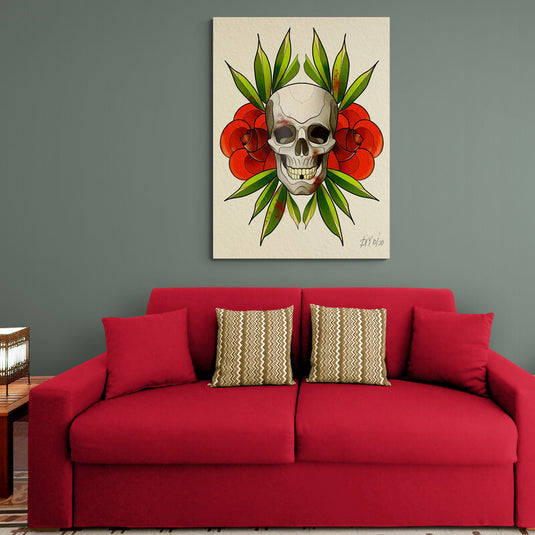 Ilustración de calavera con flores rojas y hojas verdes en estilo vanitas.