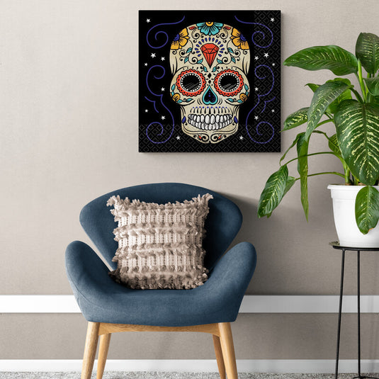 Ilustración estilizada de calavera de azúcar con motivos cósmicos.