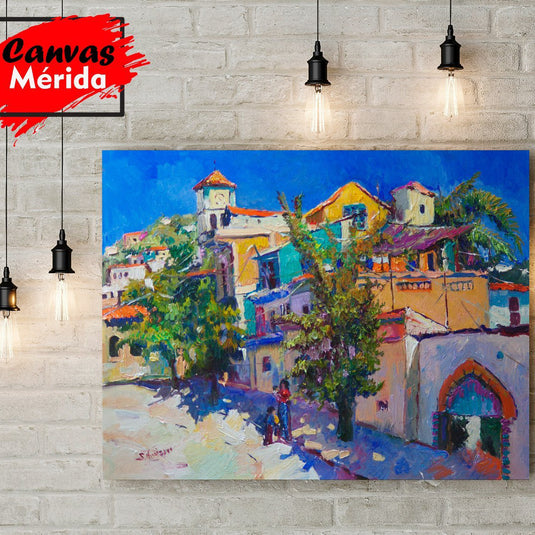 Pueblo colorido al sol en óleo