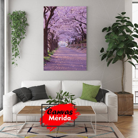 Cuadro Decorativo: Camino entre Árboles de Cerezo con Hojas Moradas y Hojas Caídas