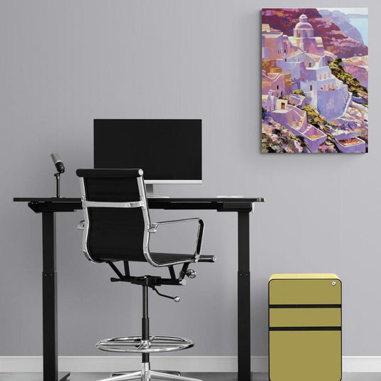 Pintura Decorativa de Casas Tradicionales Mediterráneas en Tonos Púrpuras y Lilas con Vista de Montaña