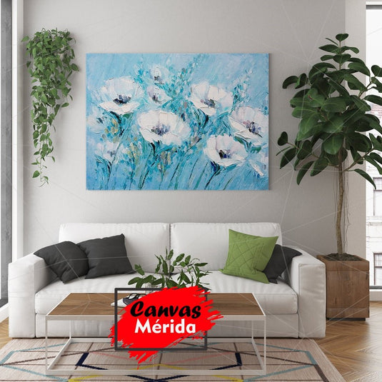 Pintura al óleo impasto de anémonas blancas sobre fondo azul.